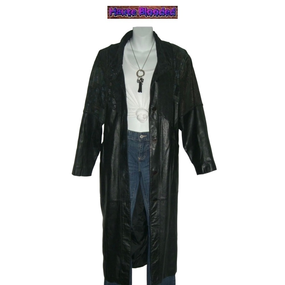 Vintage 90's Long Black Leather Trench Coat Holographic Boho Print Floor Length - Picture 4 of 15